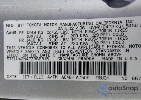 2007 Toyota Tacoma Base V6 from USA, damaged, VIN 5TELU42N47Z366815